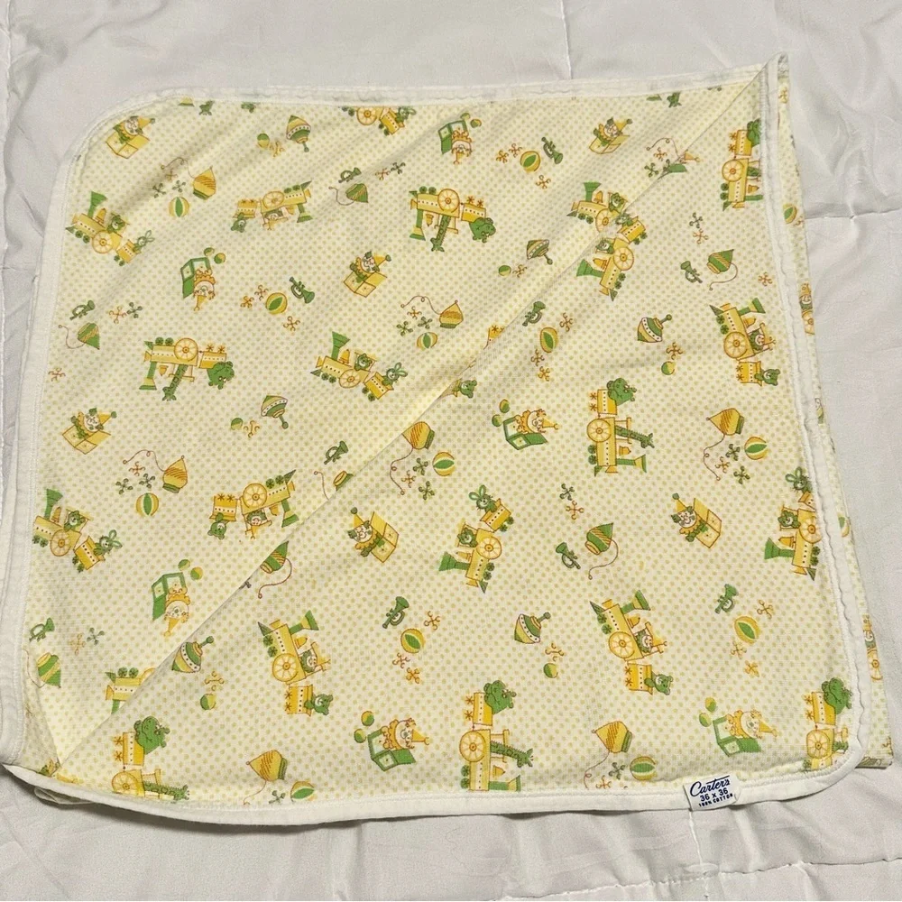 Vintage Carter's Baby Blanket Receiving Yellow Dot Train Toys 36 x 36 Cotton USA